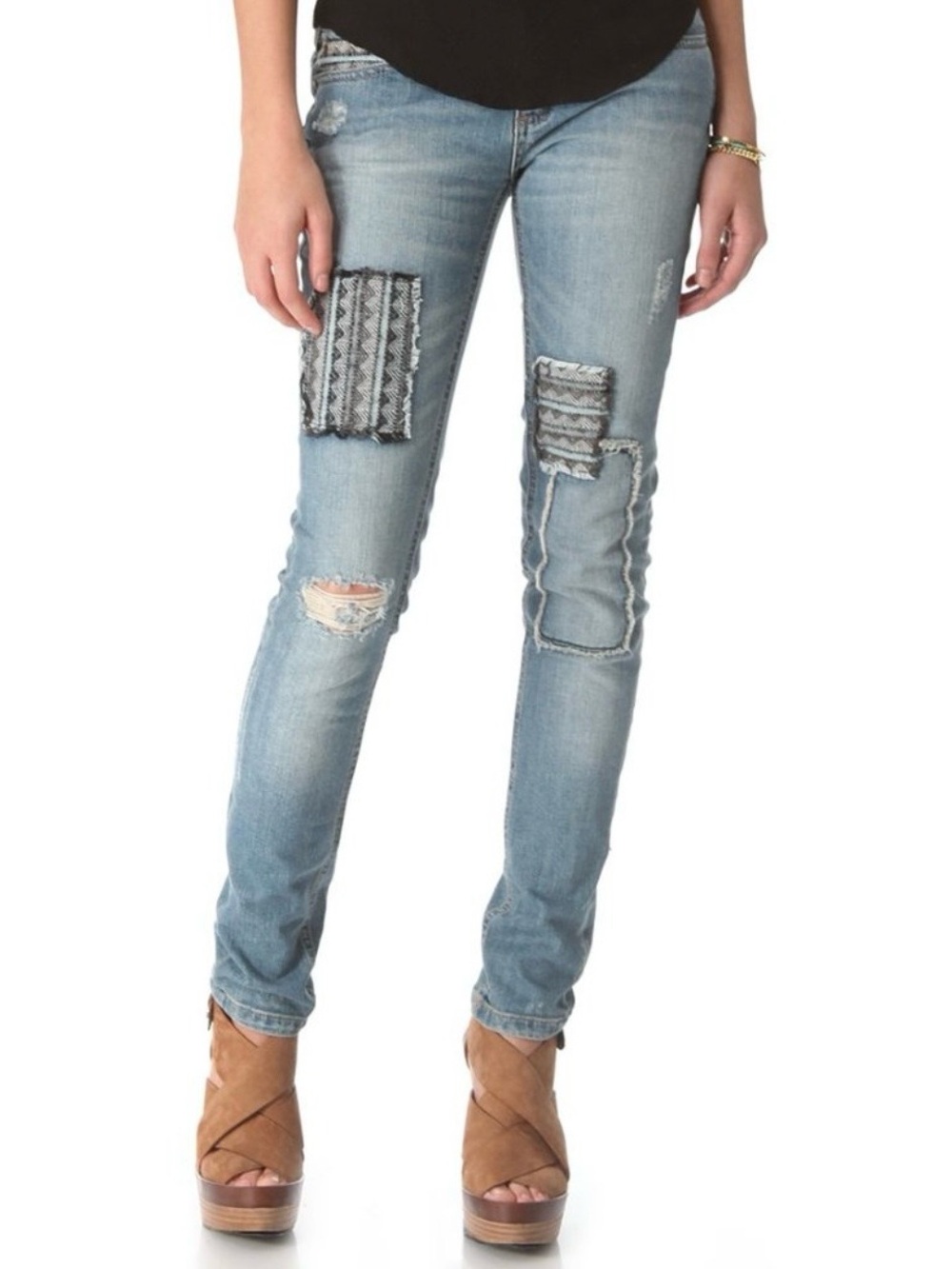 Free People Bohemian Patchwork Light Wash Distressed Jeans Size 26